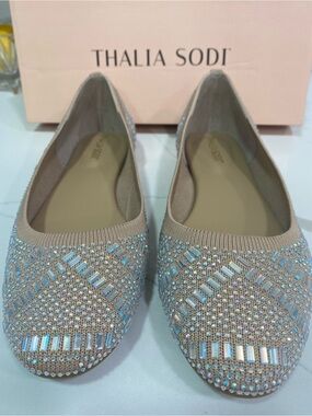 Thalia Sodi Champagne-Beige Crystal Embellished Flats